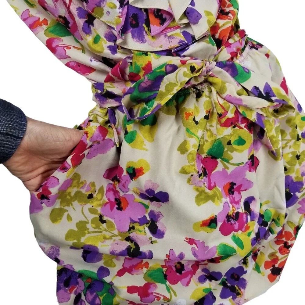 Express Dress Floral Knee Length Belted Sundress Womens Sz M  Ruffle Bib Pockets - Picture 6 of 16